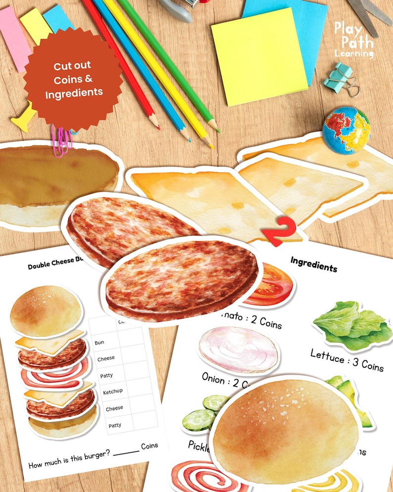 Build a Burger Math Activity Worksheet, Addition Game, Kindergarten ...