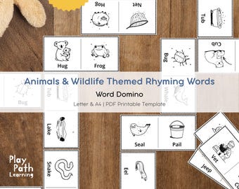 Juego de palabras que riman con animales para imprimir / Dominó de palabras para niños / 100 tarjetas de dominó / Actividad de aprendizaje de fonética e inglés como segundo idioma / PDF para preescolar y jardín de infancia