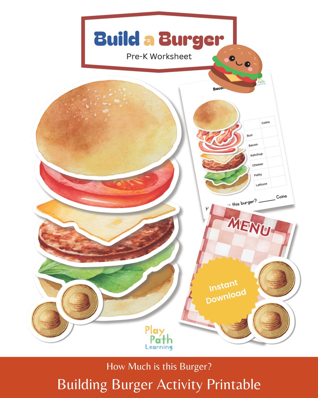 Hamburger Math Build a Burger Math Activity Worksheet, Addition Game, Kindergarten ...