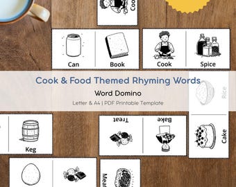 Juego de dominó con rimas para imprimir / Juego de fonética con temática de comida para niños / Actividad de lectura para preescolar / Juego de aprendizaje para la educación en casa