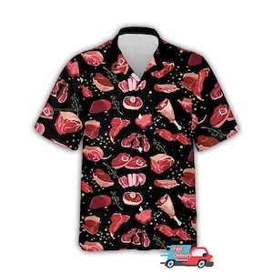 Camiseta hawaiana divertida unisex para la playa con estampado de carne de res a la barbacoa, camiseta de verano con estampado de carne, camisa abotonada para vacaciones, regalo para amantes de la carne.