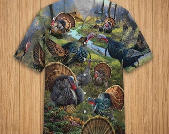 Wild Turkey In Spring Hawaiian Shirt Funny Unisex Beach Aloha Tee,  cartoon Summer Aloha Shirt,Party Vacation Button Up Shirt