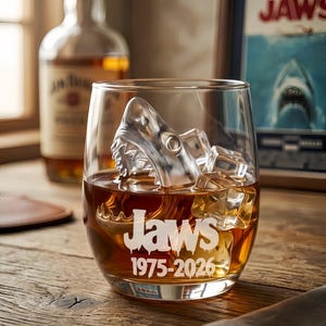 Könnte beinhalten: Ein klares Glas mit Whiskey und Eiswürfeln, von denen einer die Form eines Haifischkopfes hat. Auf dem Glas steht "Jaws" und die Jahreszahlen "1975-2026". Im Hintergrund ist eine Whiskeyflasche zu sehen.