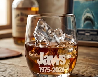 Limited Edition Jaws 50th Anniversary Whiskey Glass - Engraved 1975-2026 with Realistic Shark Glass Feature. Rare Movie Collectible.