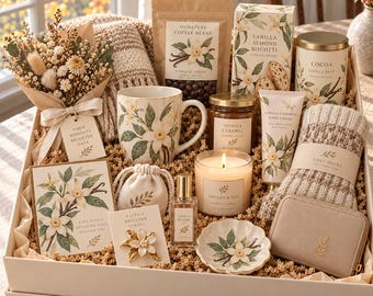 Luxuriöse Geschenkbox für Sie, Wohlfühlkorb, Geschenk für Ehefrau, Mutter und beste Freundin, Geburtstags-Dankespaket, Kaffeekerzen-Deckenset