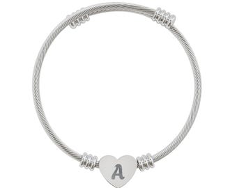 Engraved Heart Cuff Bracelet | Surgical Stainless Steel Twisted Cable Bangle