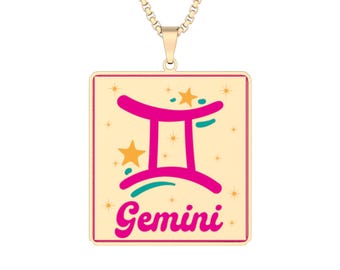 Gemini Zodiac Pendant | Pink Gold Stainless Steel Necklace (1" Square)