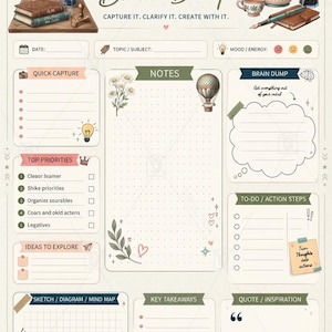 May include: A beige paper planner page titled NOTES & Brain Dump with sections for date, topic, mood, quick capture, notes, brain dump, to-do, ideas, sketch, key takeaways, and quotes. It features illustrations of lavender, books, a teapot, and a hot air balloon.