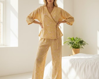 Floral Cotton Kimono Pajama Set | Soft Lounge Sleepwear for Women