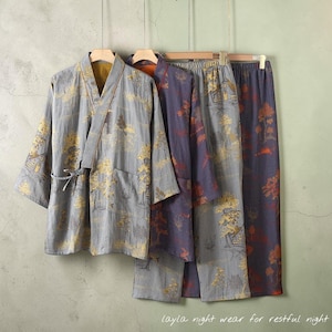Mens Kimono Pajama Set, Lightweight Yarn Dyed Cotton Sleepwear, Breathable Two Piece Lounge Nightwear