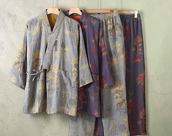 Mens Kimono Pajama Set, Lightweight Yarn Dyed Cotton Sleepwear, Breathable Two Piece Lounge Nightwear