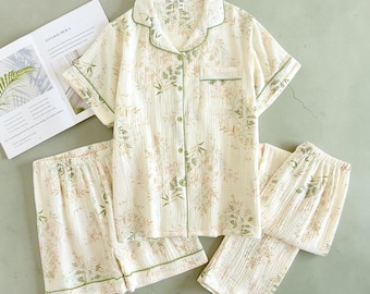 Women Floral Cotton Pajama Set | Lightweight Summer Sleepwear | Breathable Button Down Loungewear | Nightwear