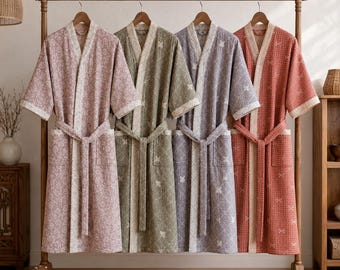 Unisex Cotton Kimono Robe, Vintage Artisan Print Lounge Bathrobe