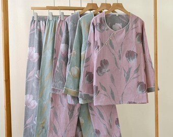 Women’s Cotton Jacquard Pajama Set | Vintage Long Sleeve & Pants Sleepwear | Cozy Gift for Her