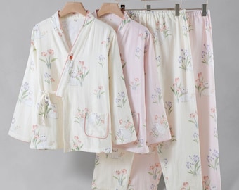 Floral Cat Pajama Set for Women | Cotton Sleepwear | Breathable Loungewear | Cat Lover Gift