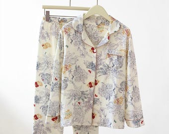 Floral Cotton Muslin Pajamas for Women, Soft Breathable Button-Up Sleepwear