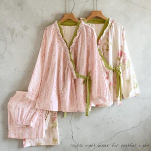 Muslin 100% Cotton Pajama Set | Pink Floral Lace Kimono Loungewear for Women image 1