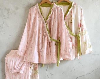 Muslin 100% bomullspyjamaset | Rosa blommig spets kimono loungewear för kvinnor