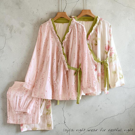 Muslin 100% Cotton Pajama Set | Pink Floral Lace Kimono Loungewear for Women