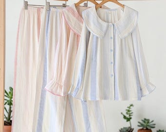 Cozy Striped Cotton Pajama Set for Women | Ruffled Collar Nightwear | Sweet Loungewear