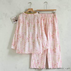 Muslin 100% Cotton Pajama Set | Pink Floral Lace Kimono Loungewear for Women image 7