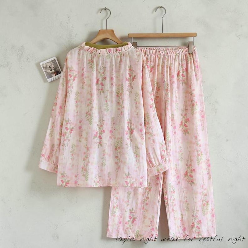 Muslin 100% Cotton Pajama Set | Pink Floral Lace Kimono Loungewear for Women image 7