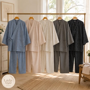 Unisex Cotton Kimono Style Pajama Set | Striped Japanese Loungewear