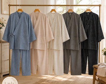 Unisex Cotton Kimono Style Pajama Set | Striped Japanese Loungewear