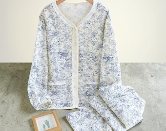 Blue Floral 100% Cotton Pajama Set – Short Sleeve V-Neck Loungewear