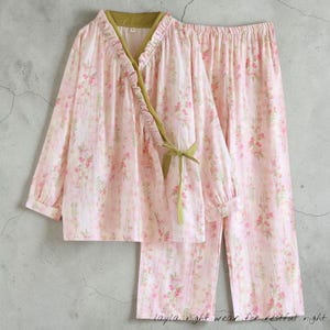 Muslin 100% Cotton Pajama Set | Pink Floral Lace Kimono Loungewear for Women Ella Type
