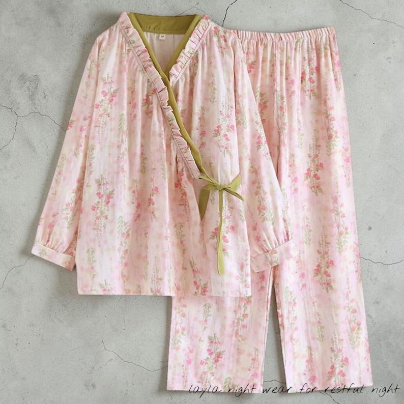 Muslin 100% Cotton Pajama Set | Pink Floral Lace Kimono Loungewear for Women Ella Type