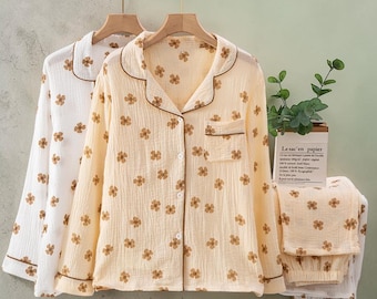 Floral Cotton Gauze Pajamas | Breathable Women Loungewear | Lightweight Summer Sleepwear | Soft Button Down Nightwear