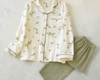 Women’s Cotton Pyjama Set – Double Layer Crepe Gauze Sleepwear, Cozy Gift for Her