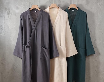 Bata minimalista para parejas de gasa 100% algodón / Conjunto de ropa de estar por casa suave y holgado.