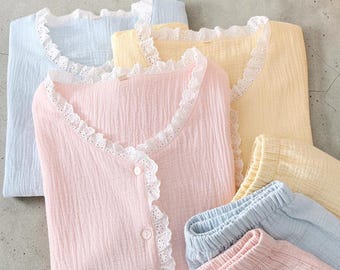 Godisfärgade bomullspyjamasar för kvinnor | Kortärmade byxor i lounge-set