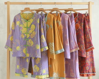 Women’s Cotton Pajama Set – Embroidered Traditional Design | Breathable Sleepwear | Lounge Set Gift