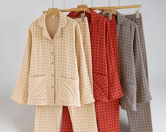 Cotton Pajama Set for Women | Rust Orange Checkered PJs, Long Sleeve Lounge Sleepwear