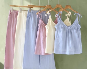 Cotton Gauze Pajama Set for Women with Ruffle Trim, Lightweight Summer Comfort