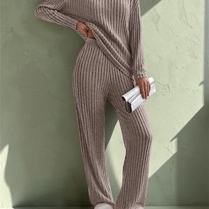 Cozy Ribbed Knit Lounge Set V-Neck Top and Wide Leg Pants
