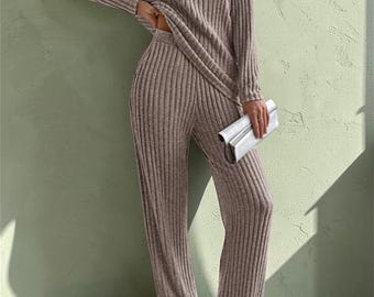 Cozy Ribbed Knit Lounge Set V-Neck Top and Wide Leg Pants