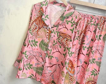 Women’s Silky Tiger Print Pajama Set | Long Sleeve Soft Loungewear