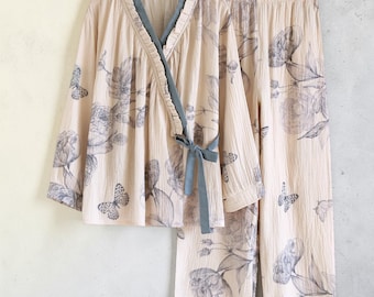 Floral Butterfly Crinkle Pajama Set | Soft Summer Sleepwear