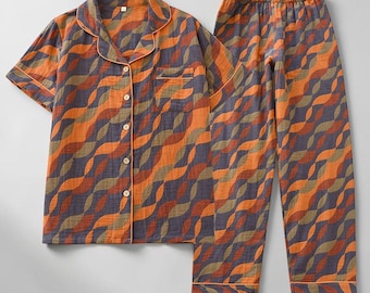 Retro Jacquard Pajama Set | Yarn-Dyed Cotton Sleepwear | Short Sleeve Top & Long Pants