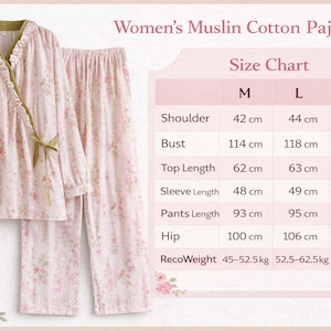 May include: Pink floral muslin cotton pajamas set. The top has a wrap-style design with a green trim and a bow. The pants are a matching floral print. The size chart shows measurements in centimeters for shoulder, bust, top length, sleeve length, pants length, and hip.