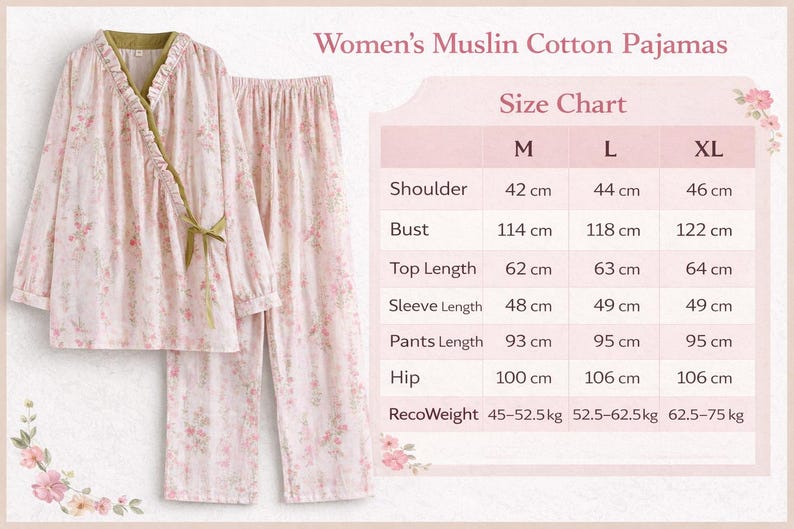 May include: Pink floral muslin cotton pajamas set. The top has a wrap-style design with a green trim and a bow. The pants are a matching floral print. The size chart shows measurements in centimeters for shoulder, bust, top length, sleeve length, pants length, and hip.