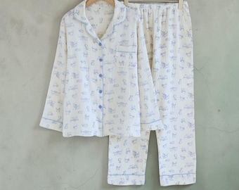 100% Cotton | Blue Fantasy Cat Pajama Set | Soft Breathable Loungewear | Nightwear Gift Home Outfit