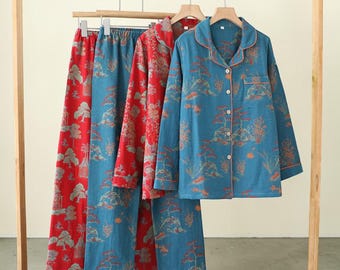 Dampyjamas i retro-bomull, långärmad topp och byxor, mjuka vävda loungekläder
