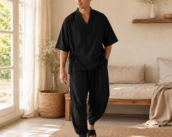 Men Japanese Kimono Set | Samurai Style Loungewear | Cotton Wrap Jacket Pants
