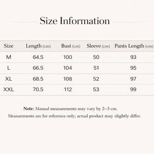 May include: A size chart with measurements in centimeters for clothing. The chart includes sizes M, L, XL, and XXL, with corresponding measurements for length, bust, sleeve, and pants length. The text "Size Information" is at the top.