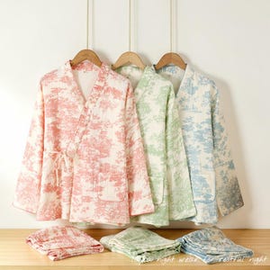 Organic Cotton Kimono Pajama Set | Toile Double Gauze Sleepwear | Breathable Women Lounge Nightwear